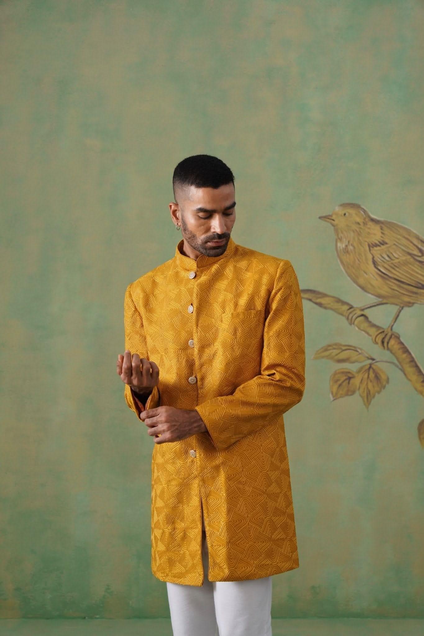 Mustard Geometric Jacquard Long Jacket Set