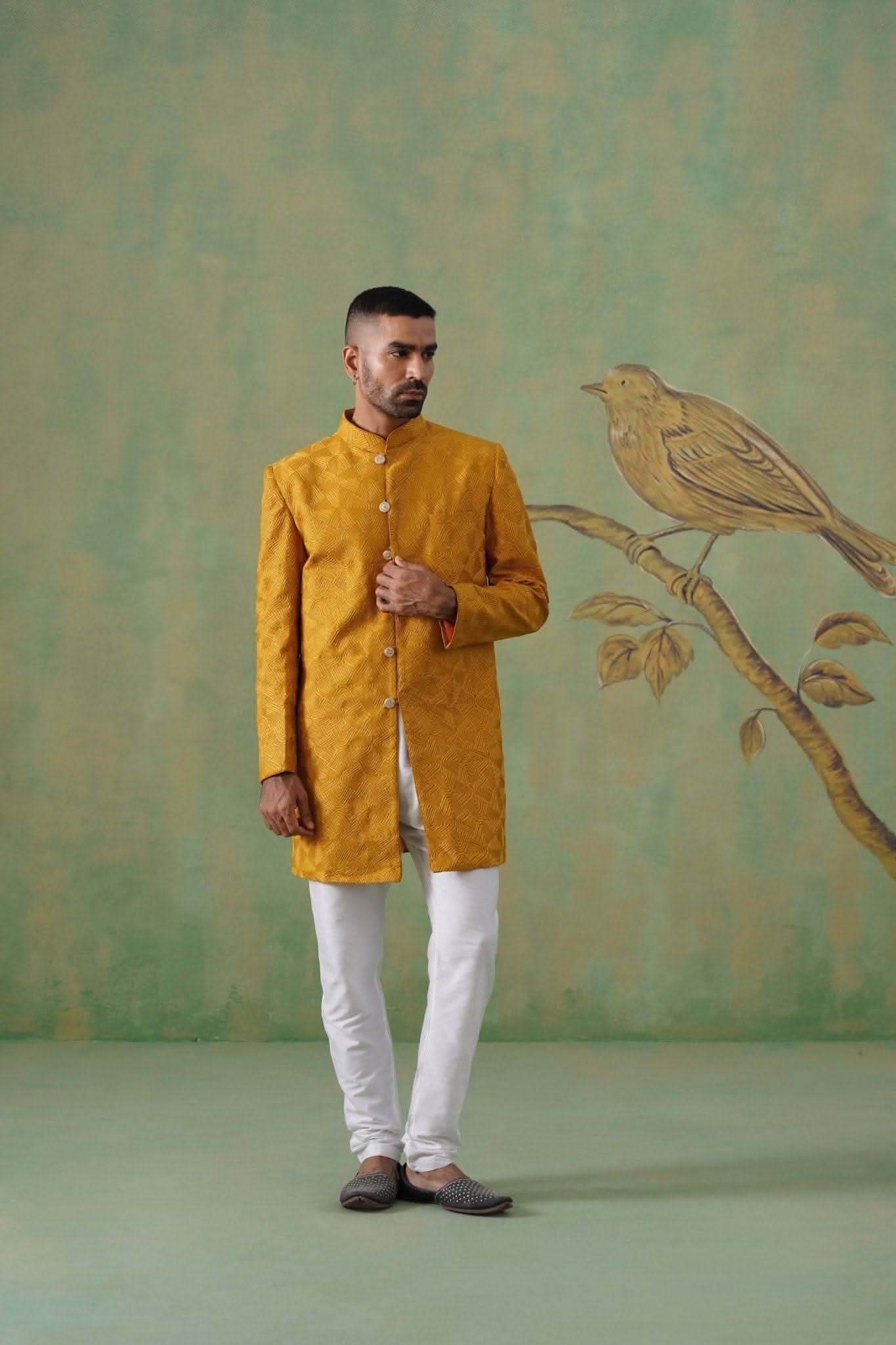 Mustard Geometric Jacquard Long Jacket Set