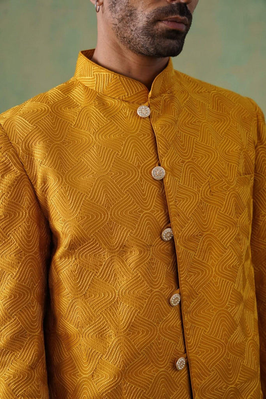 Mustard Geometric Jacquard Long Jacket Set