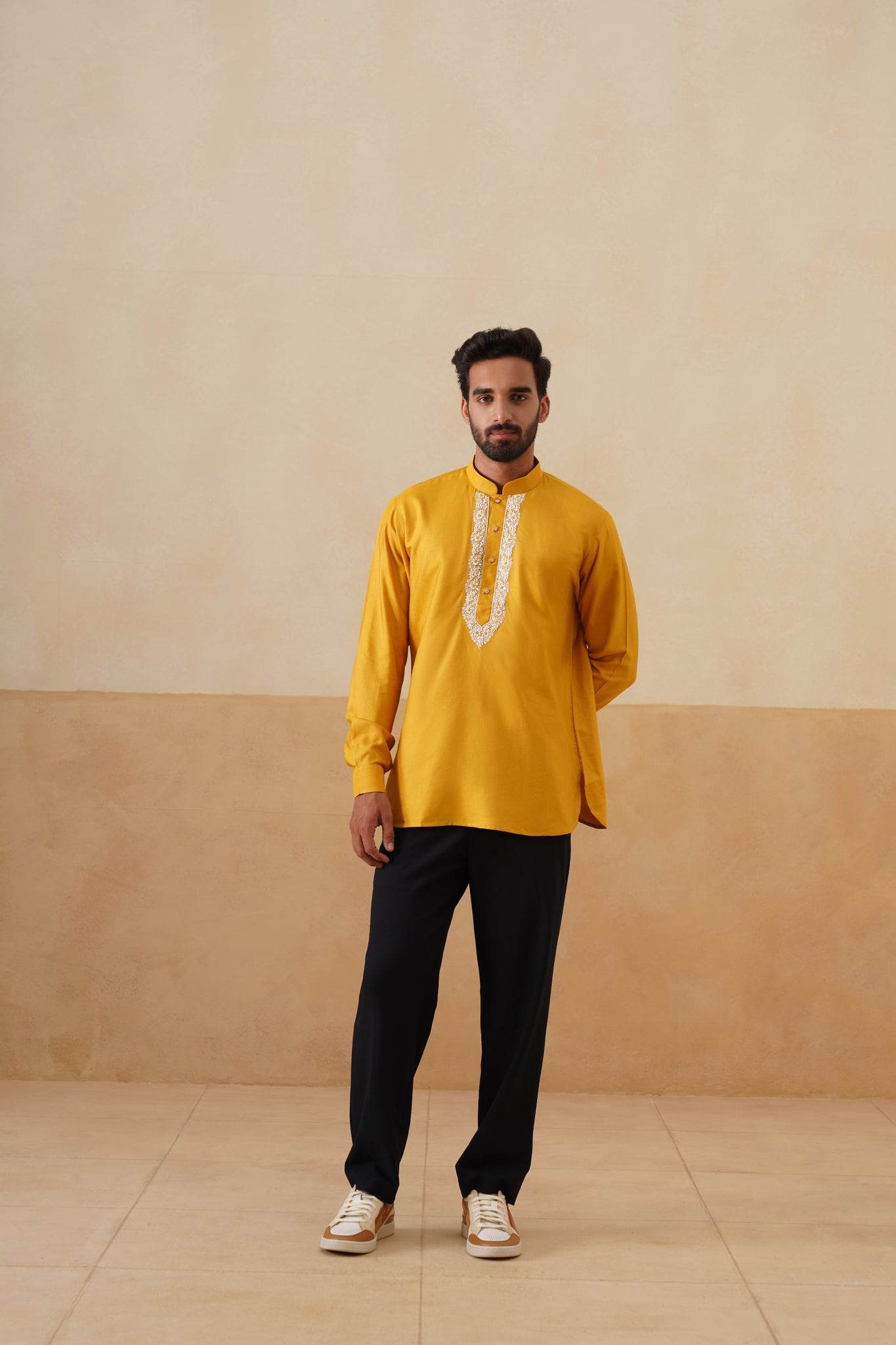 Mustard Yellow Hand Embroidered Ethnic Shirt