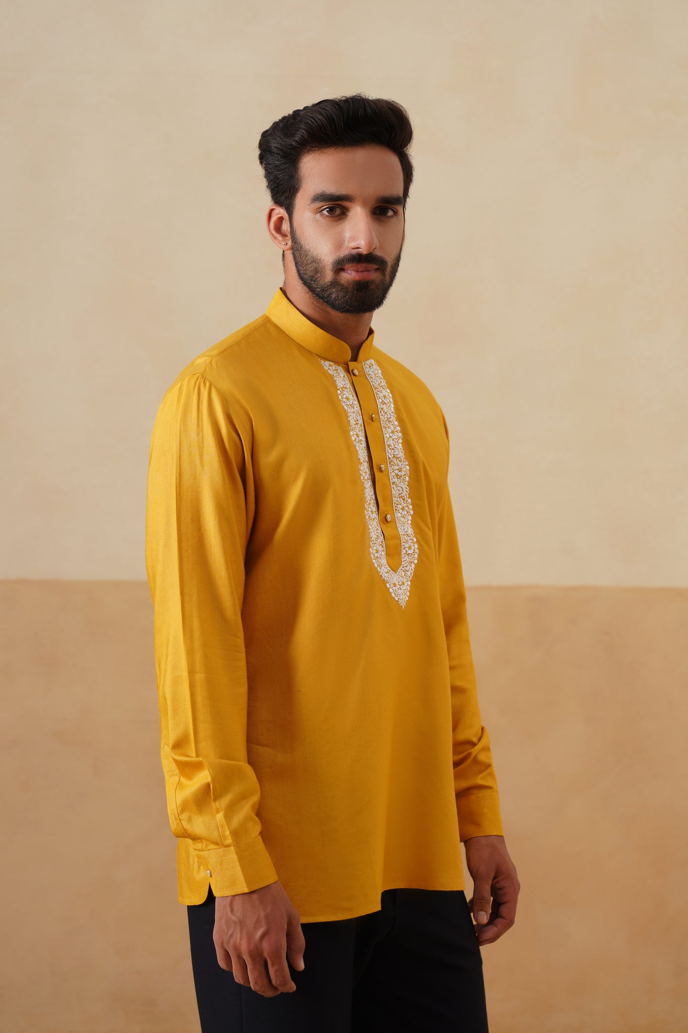 Mustard Yellow Hand Embroidered Ethnic Shirt