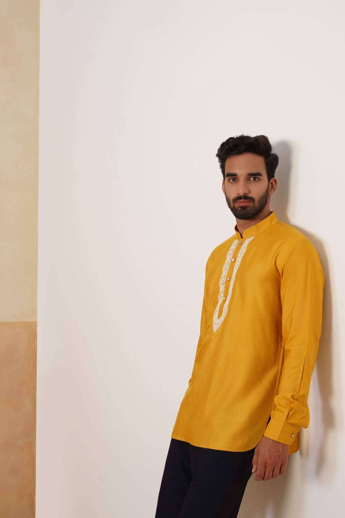 Mustard Yellow Hand Embroidered Ethnic Shirt