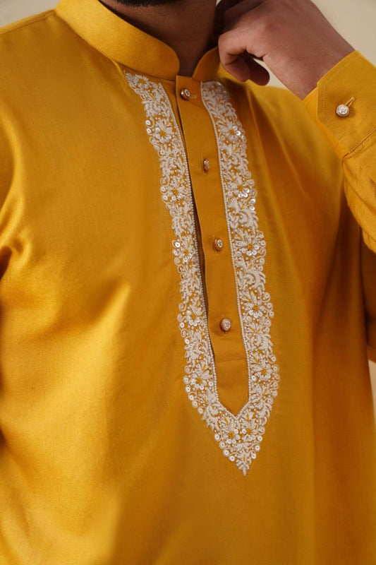 Mustard Yellow Hand Embroidered Ethnic Shirt