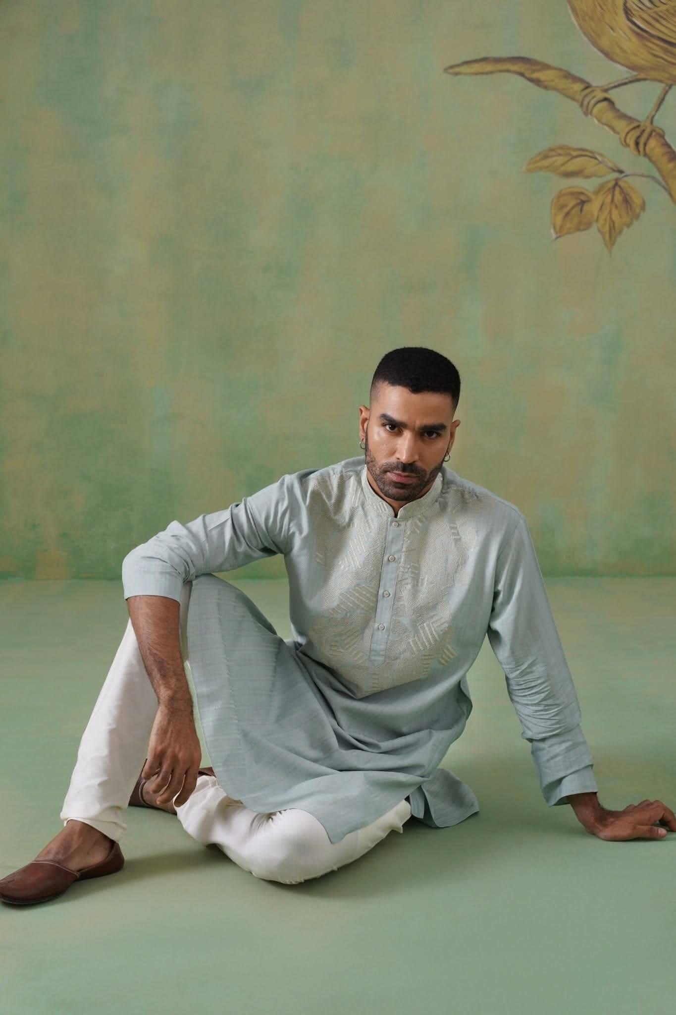 Muted Olive Green Kurta Set with Thread Work