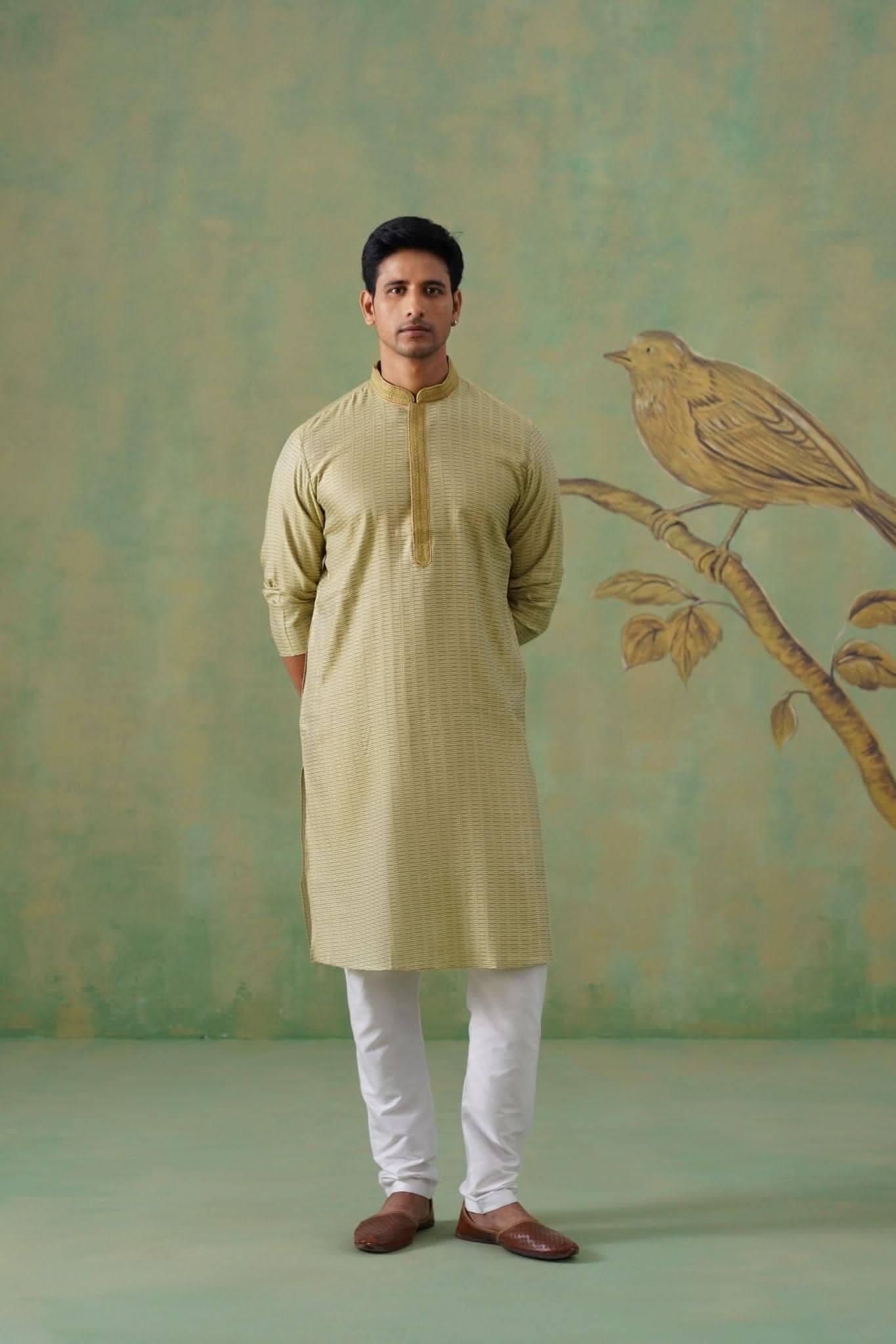 Muted Olive-Mustard Jacquard Kurta Set with Hand-Embroidered Placket