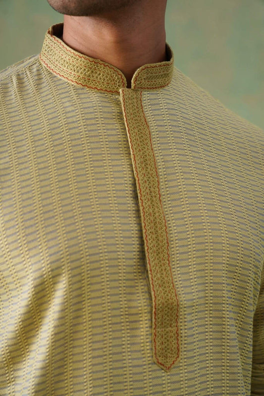 Muted Olive-Mustard Jacquard Kurta Set with Hand-Embroidered Placket