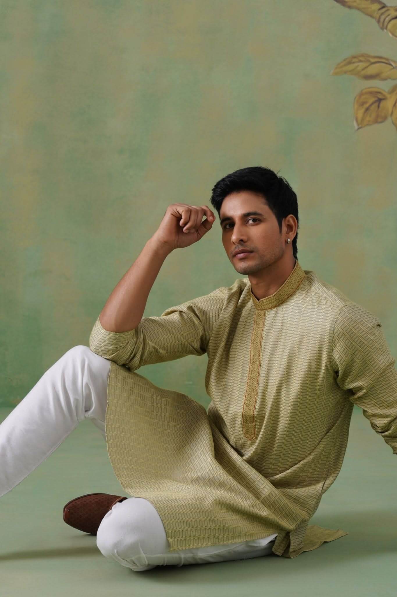 Muted Olive-Mustard Jacquard Kurta Set with Hand-Embroidered Placket