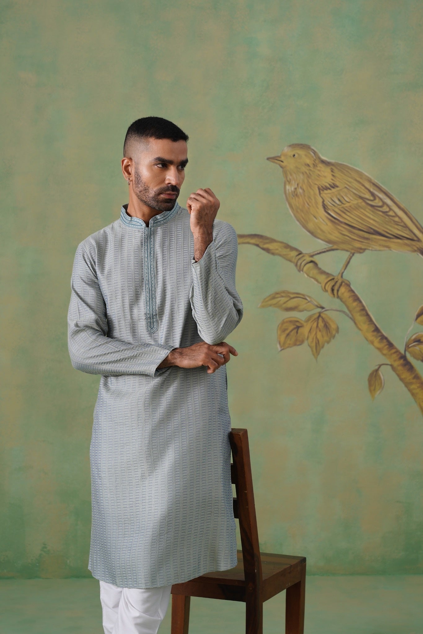 Muted Teal Jacquard Kurta Set with Hand-Embroidered Placket