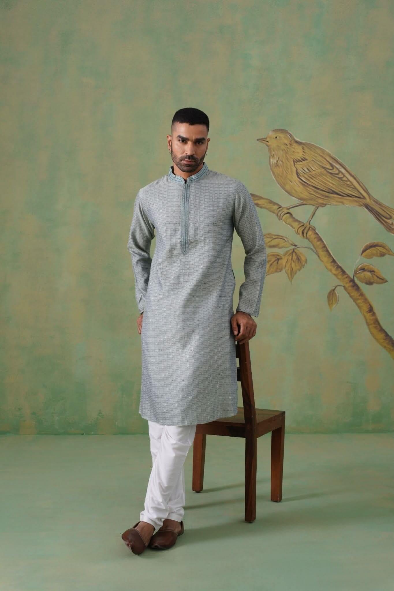 Muted Teal Jacquard Kurta Set with Hand-Embroidered Placket