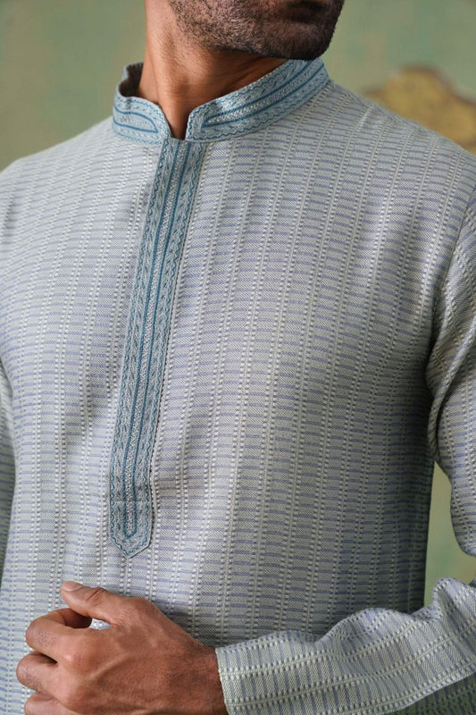 Muted Teal Jacquard Kurta Set with Hand-Embroidered Placket