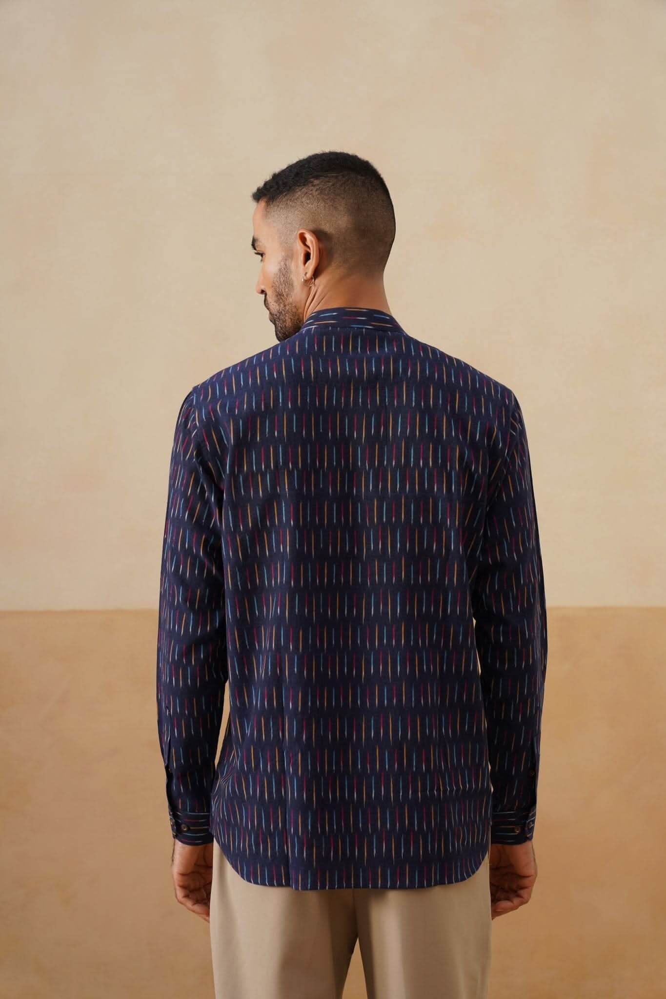Navy Blue Ikat Cotton Ethnic Shirt