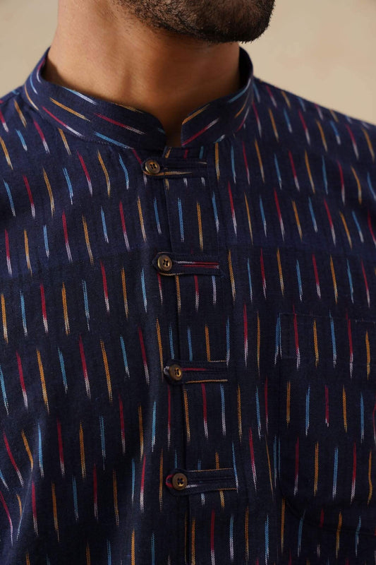 Navy Blue Ikat Cotton Ethnic Shirt