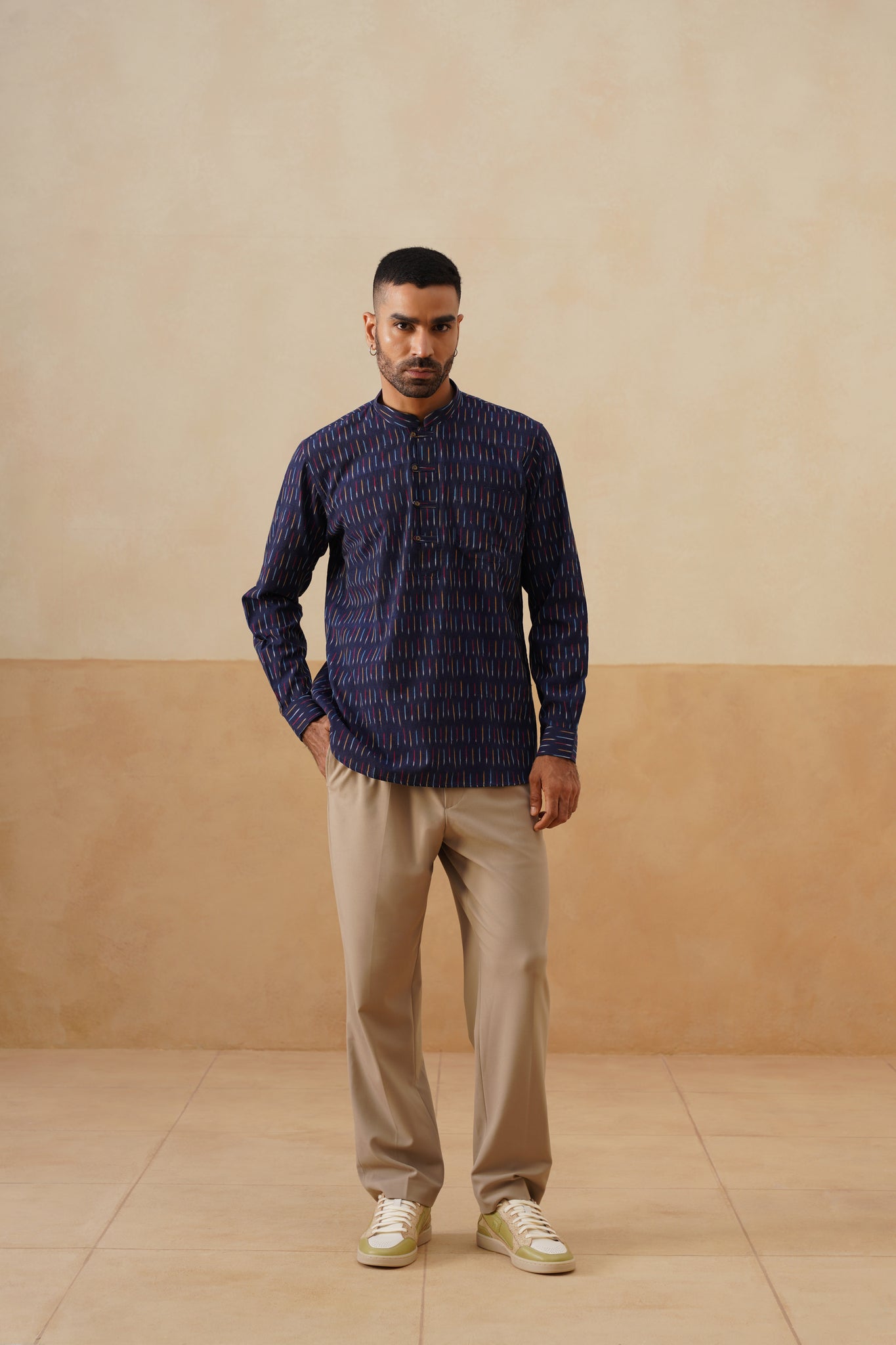 Navy Blue Ikat Cotton Ethnic Shirt