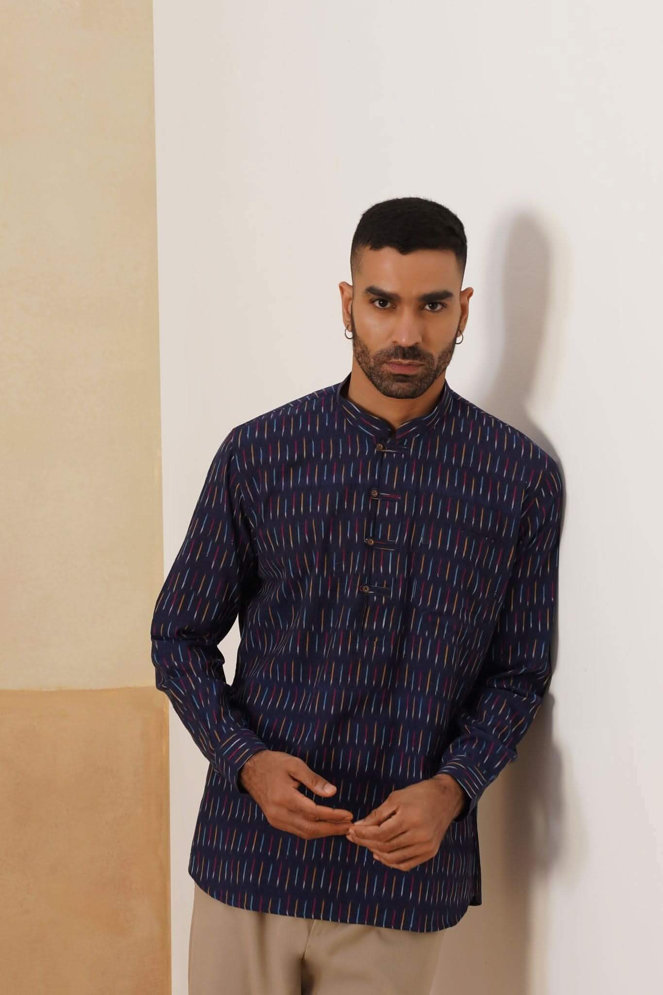 Navy Blue Ikat Cotton Ethnic Shirt