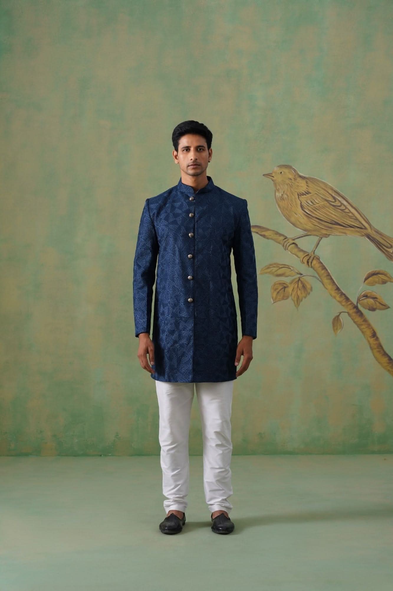 Navy Blue Textured Indo-Western Jacket Set