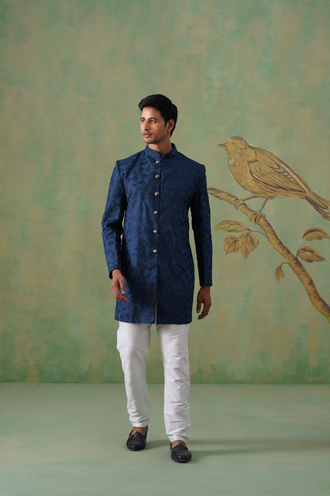 Navy Blue Textured Indo-Western Jacket Set