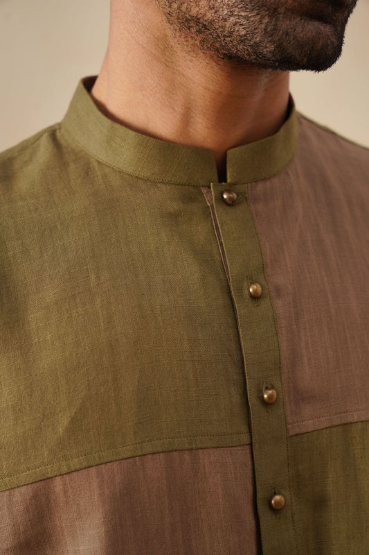Olive & Brown Dual-Tone Panel Short Kurta