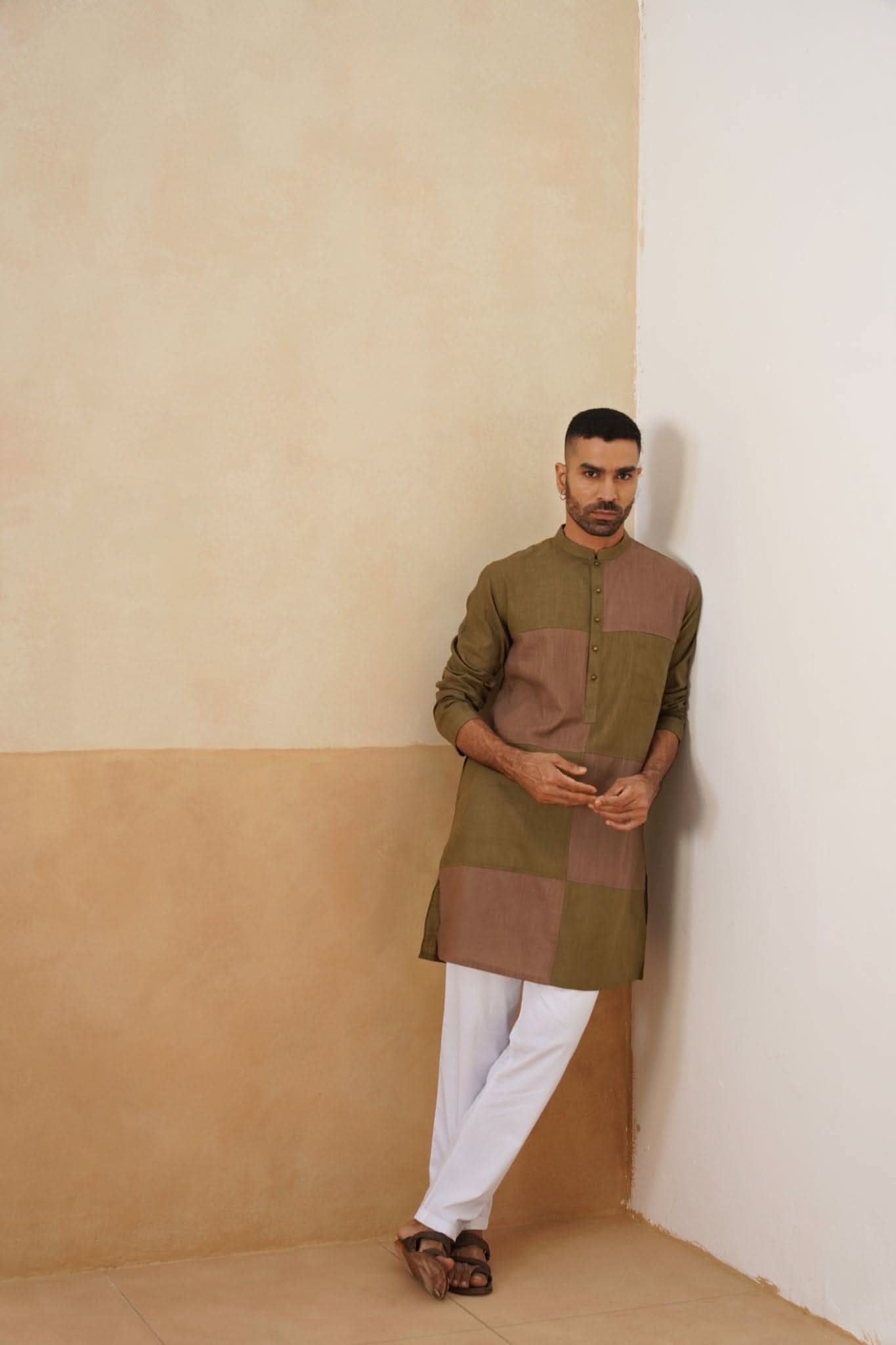 Olive & Brown Dual-Tone Panel Short Kurta