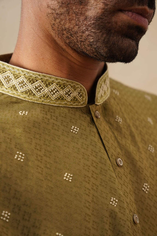 Olive Green Hand Embroidered Kurta Set