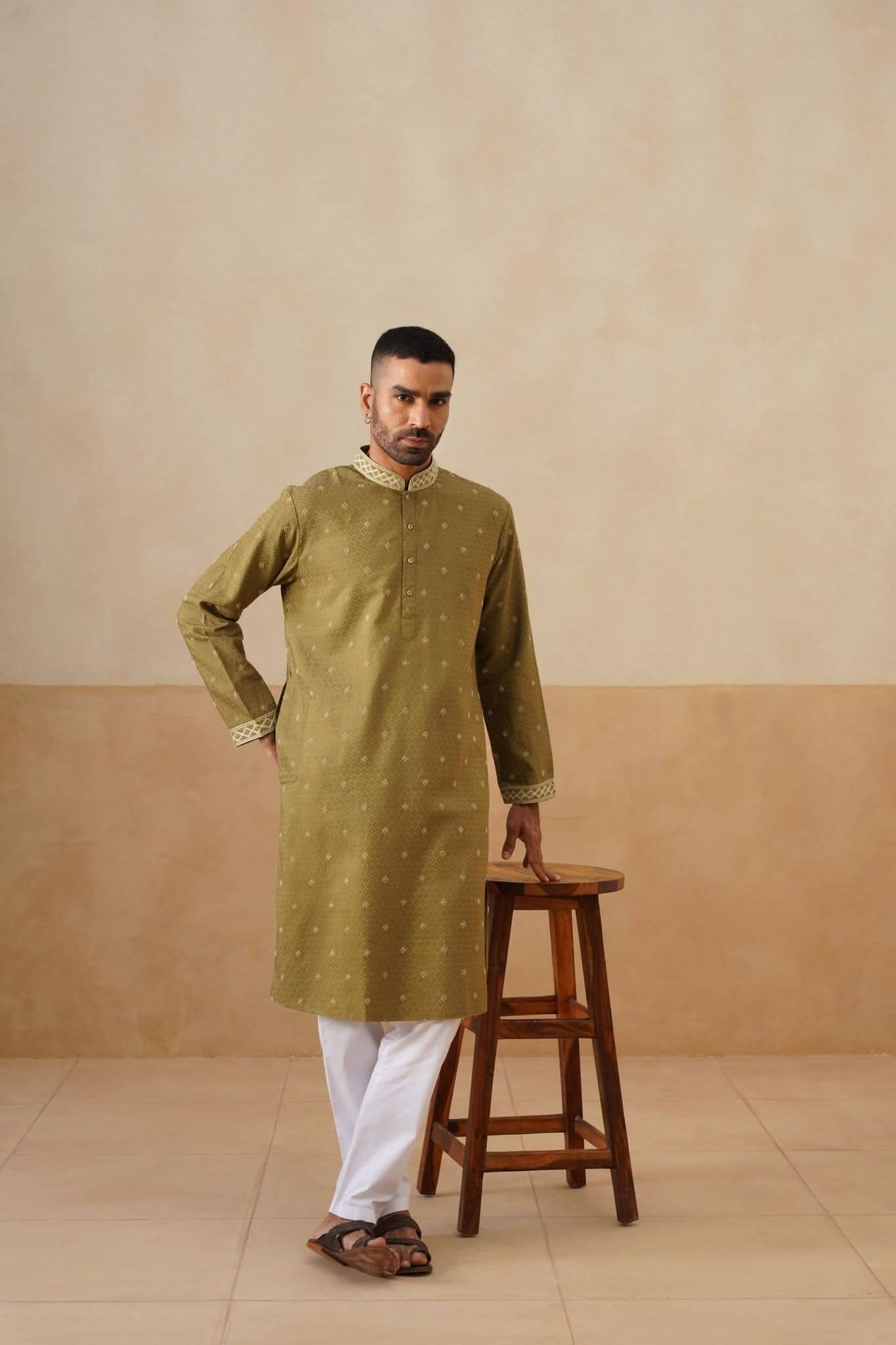 Olive Green Hand Embroidered Kurta Set