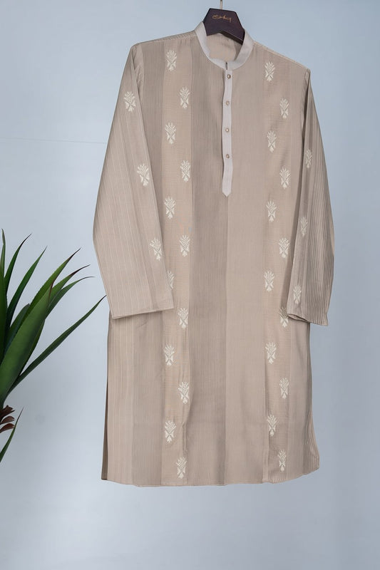 Orly beige cotton blend kurta with delicate white hand embroidery and subtle texture, ideal for festive occasions.