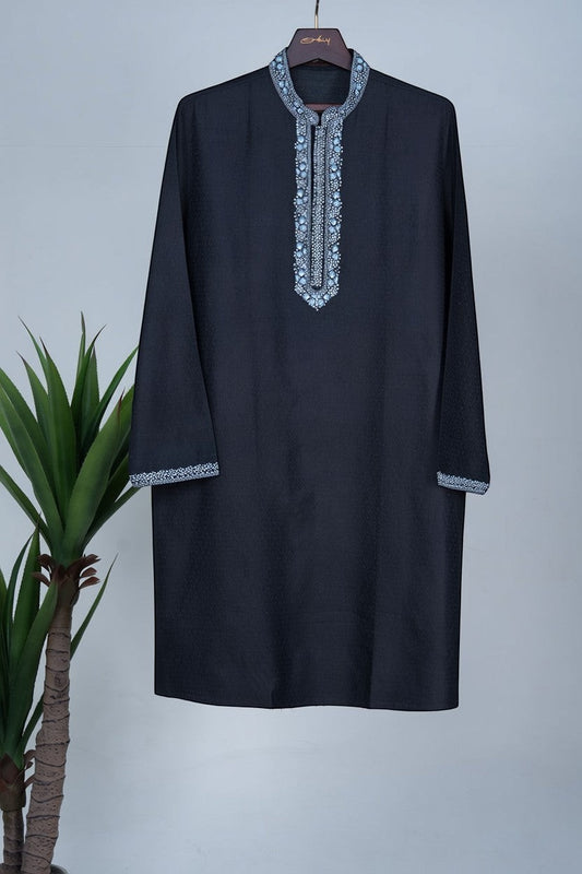 Orly black kurta with blue floral hand embroidery on placket and cuffs, lightweight textured fabric, for festive occasions.