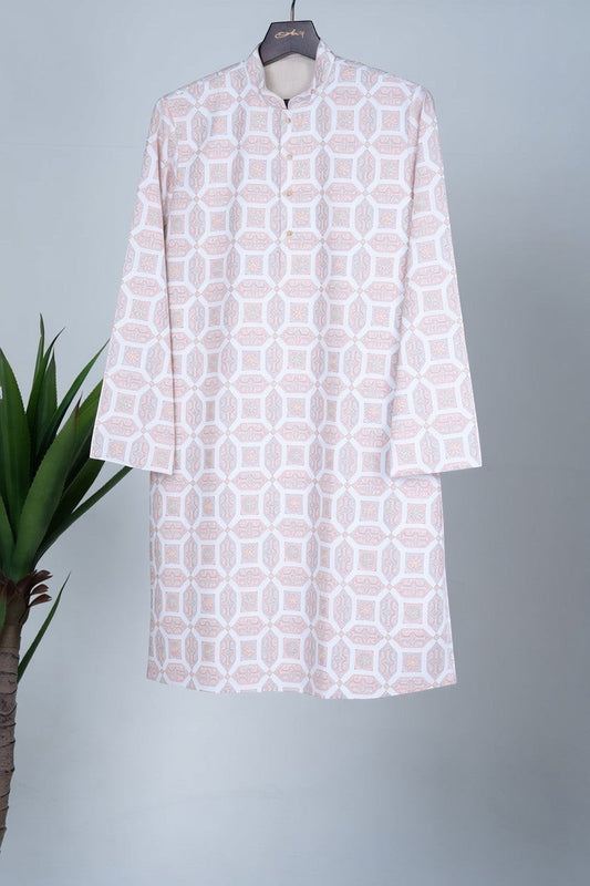 Orly blush geometric jacquard kurta with zari-style embroidery and sequin accents, band collar, formal festive wear.