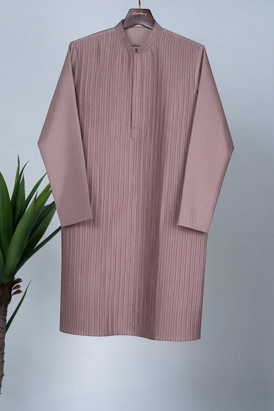 Orly brown cotton blend kurta with red Kantha stitch stripes and a mandarin collar, perfect for festive occasions.