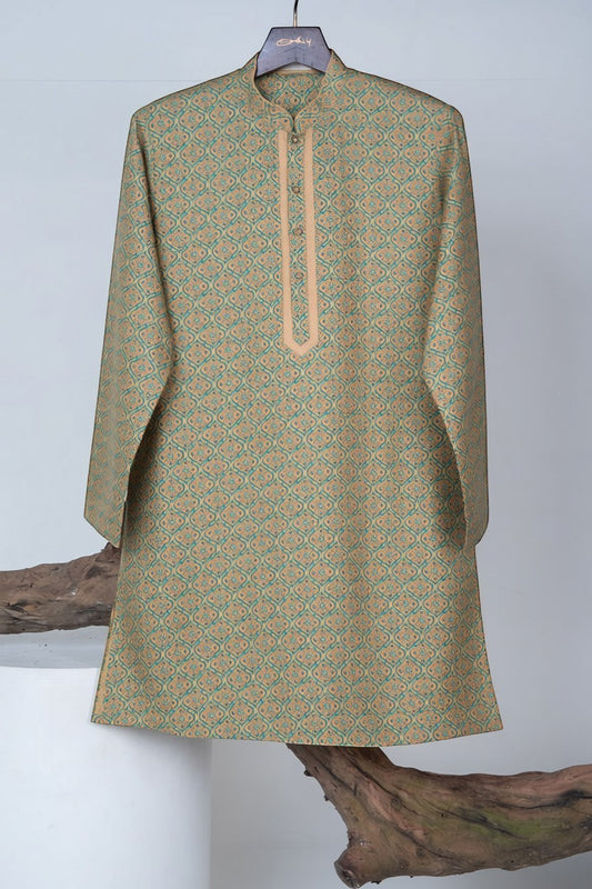 Orly olive green cotton silk blend kurta with geometric print and mustard accents. Ideal for festive wear.