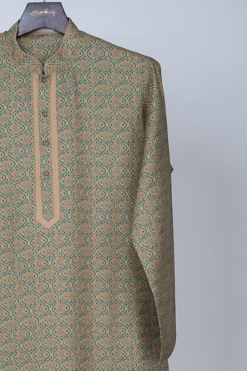 Orly olive green cotton silk blend kurta with geometric print and mustard accents. Festive wear.