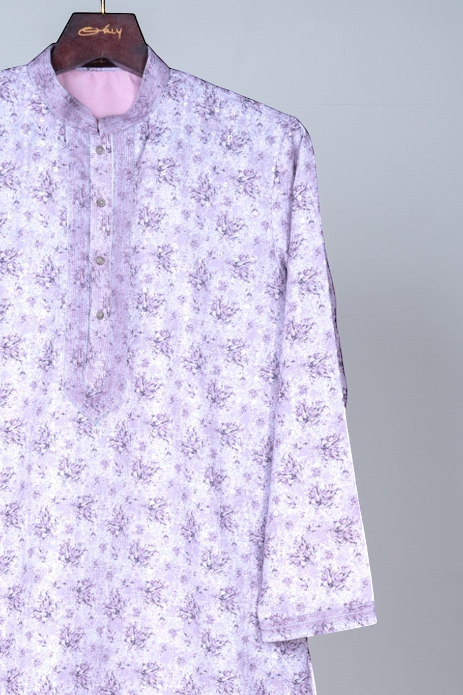 Orly purple floral print kurta with sequin accents and contrast placket detailing. Festive wear.