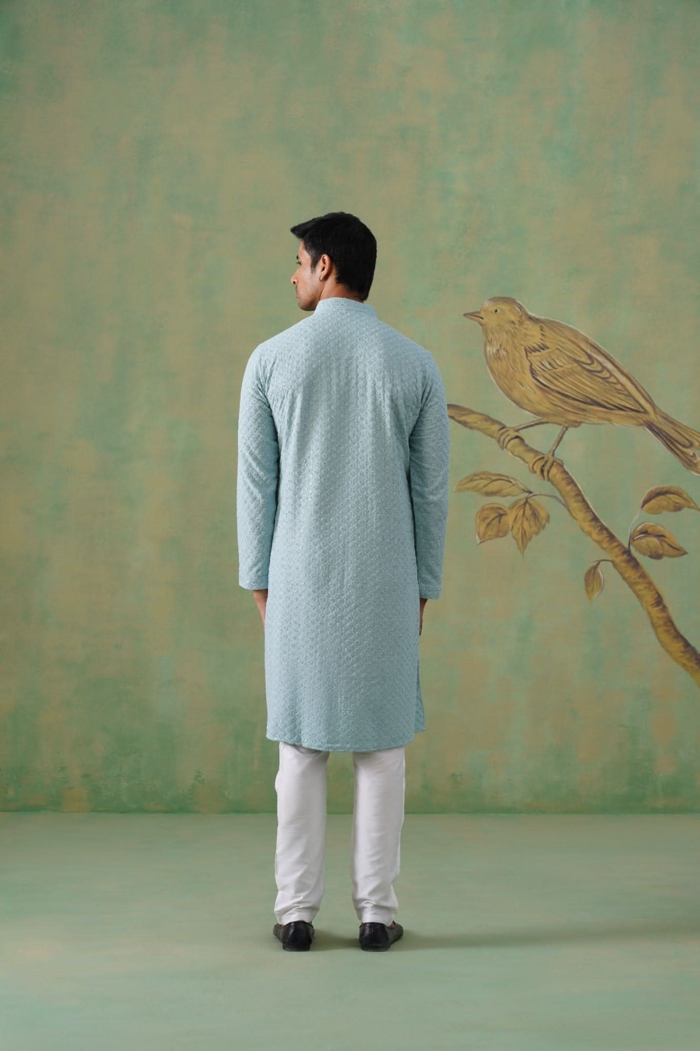Pastel Blue Textured Sequin-Embellished Cotton Kurta Set