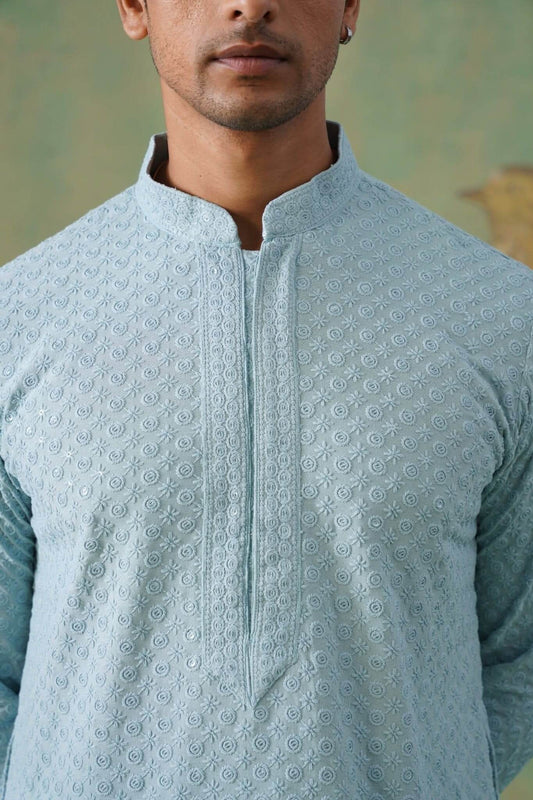 Pastel Blue Textured Sequin-Embellished Cotton Kurta Set