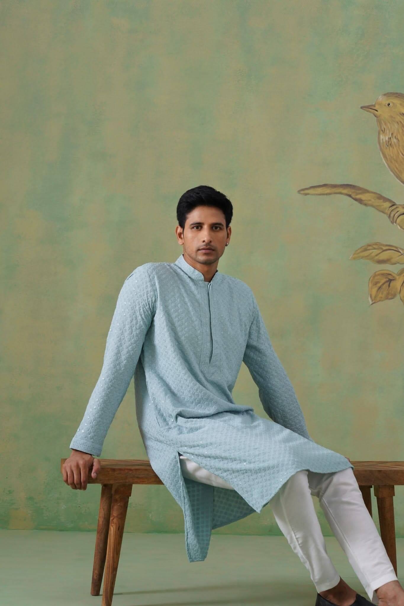 Pastel Blue Textured Sequin-Embellished Cotton Kurta Set
