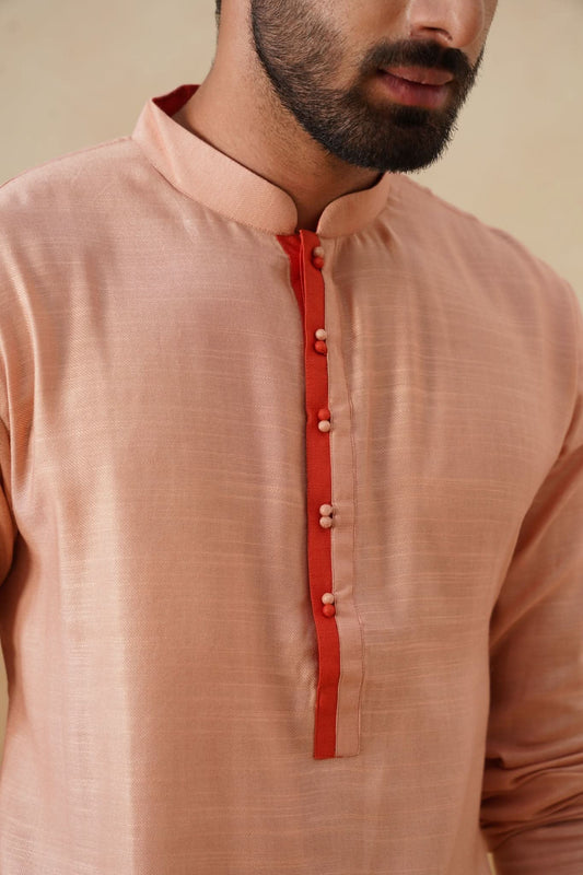 Peach Kurta with Contrast Coral Placket