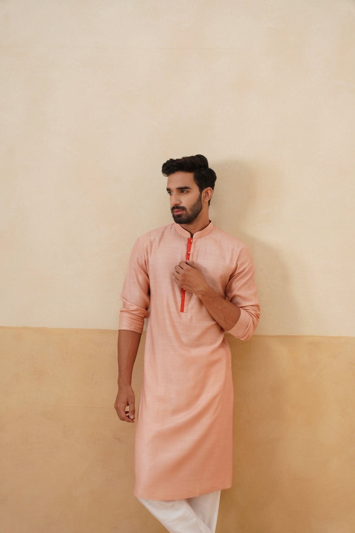 Peach Kurta with Contrast Coral Placket