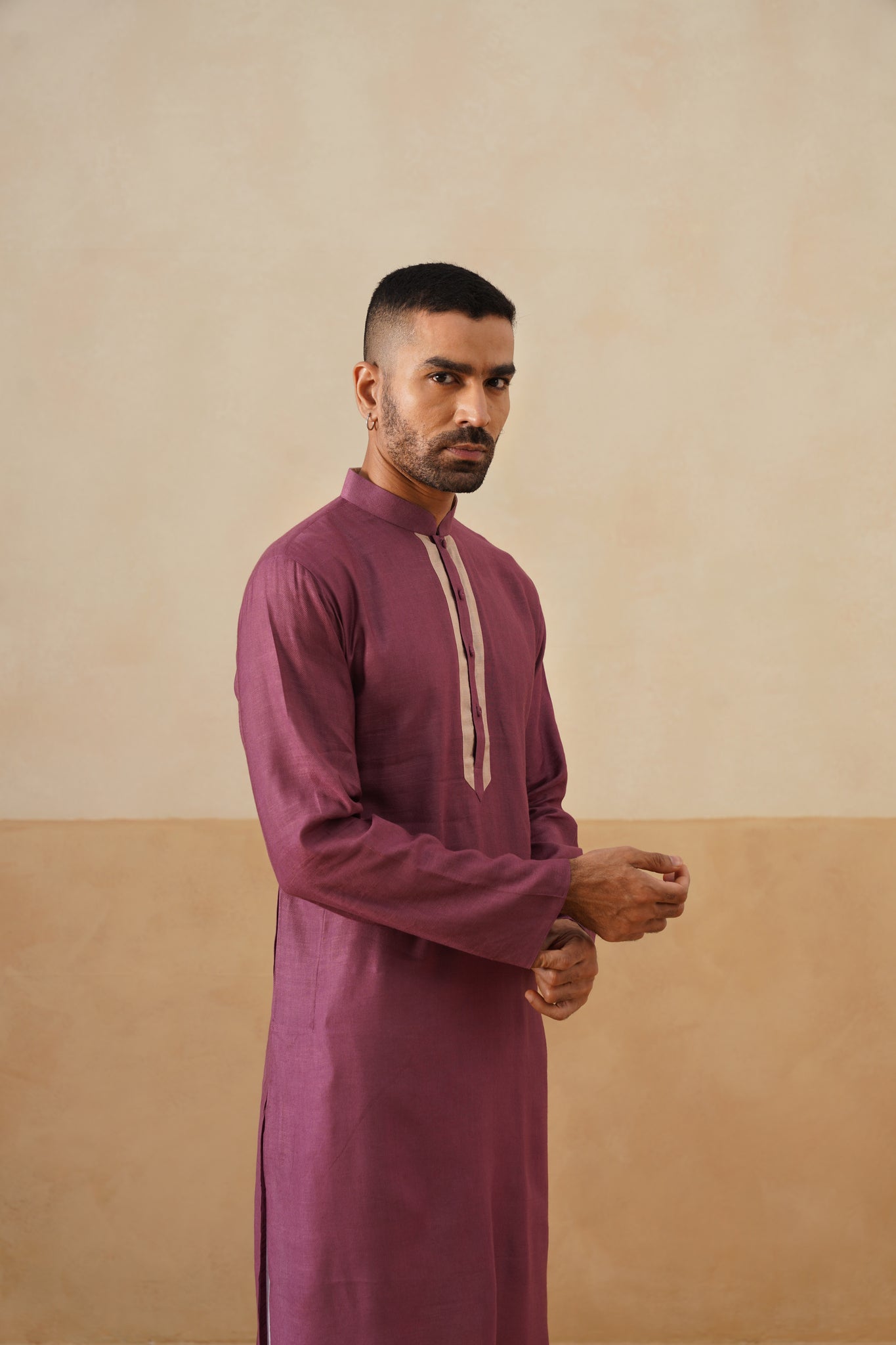 Plum Kurta with Contrast Beige Placket