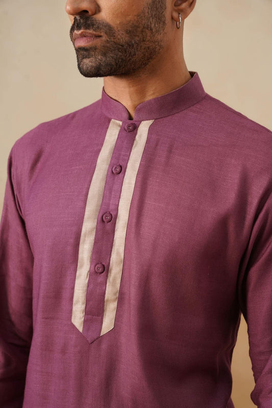 Plum Kurta with Contrast Beige Placket
