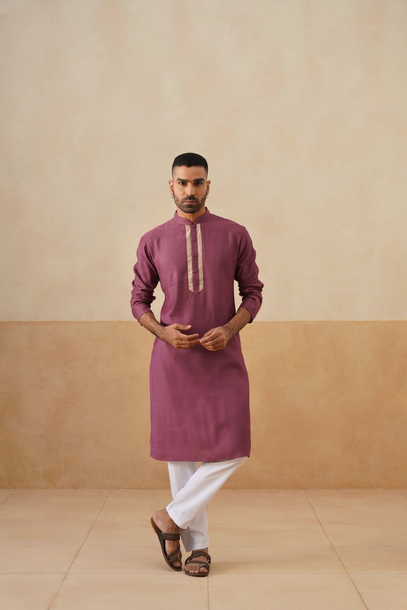 Plum Kurta with Contrast Beige Placket
