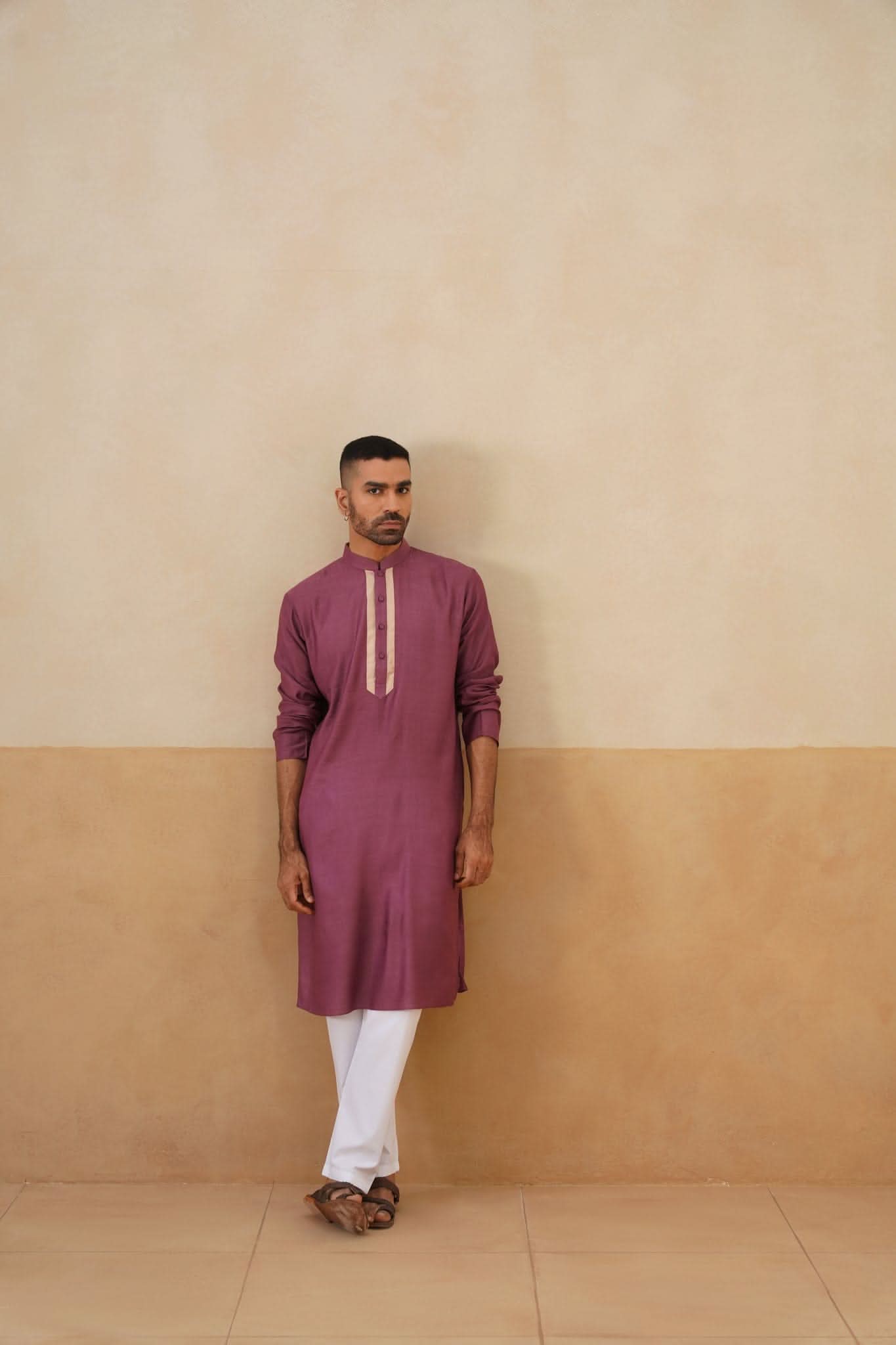 Plum Kurta with Contrast Beige Placket