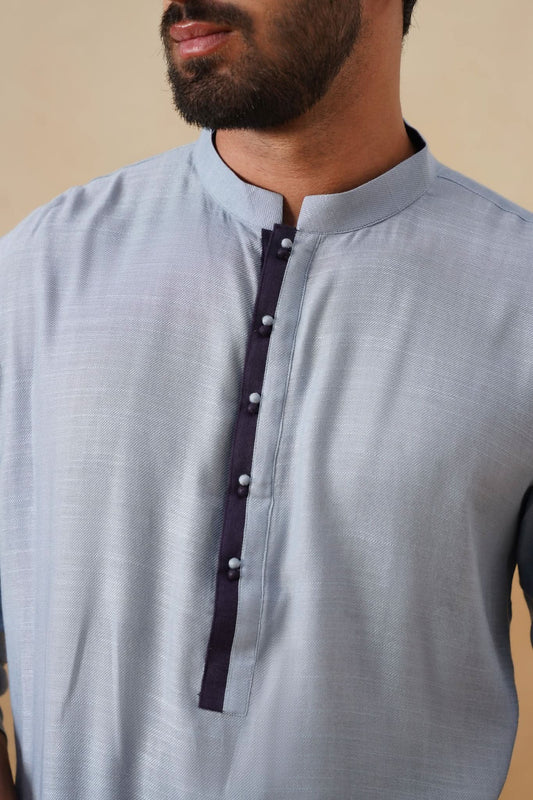 Powder Blue Kurta with Contrast Navy Blue Placket