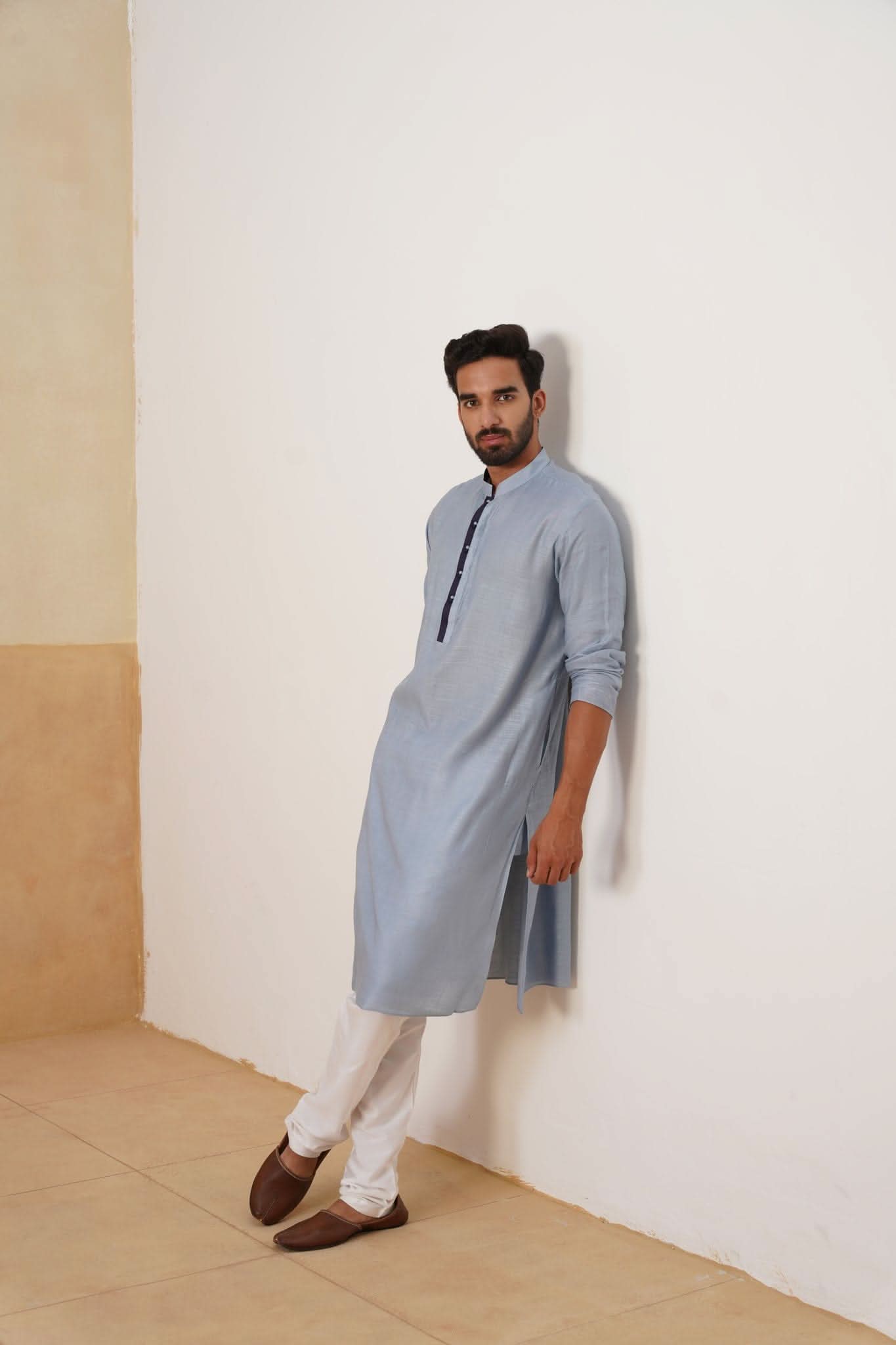 Powder Blue Kurta with Contrast Navy Blue Placket