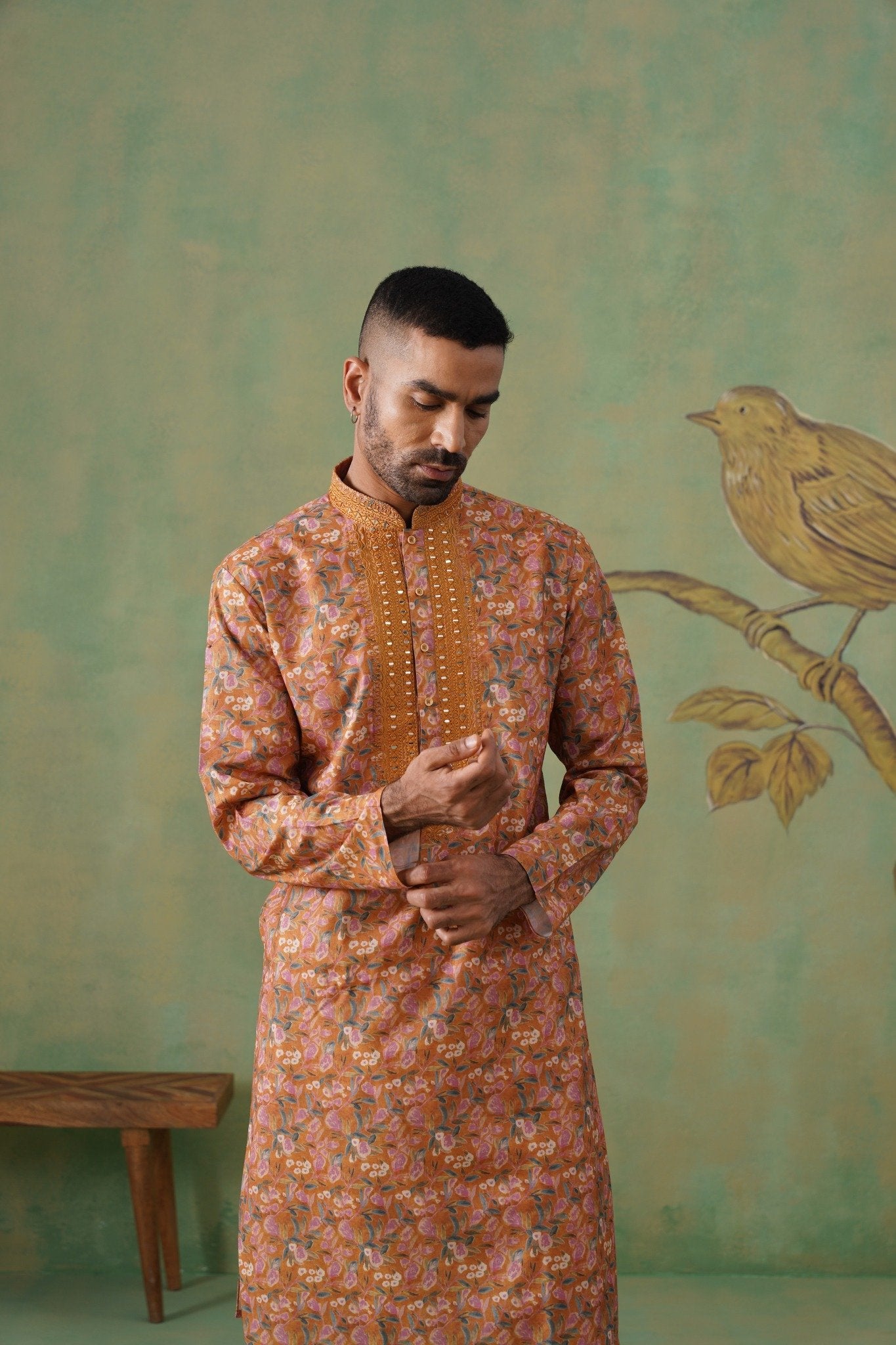 Rust Floral Printed Kurta Set with Mirror Embroidery