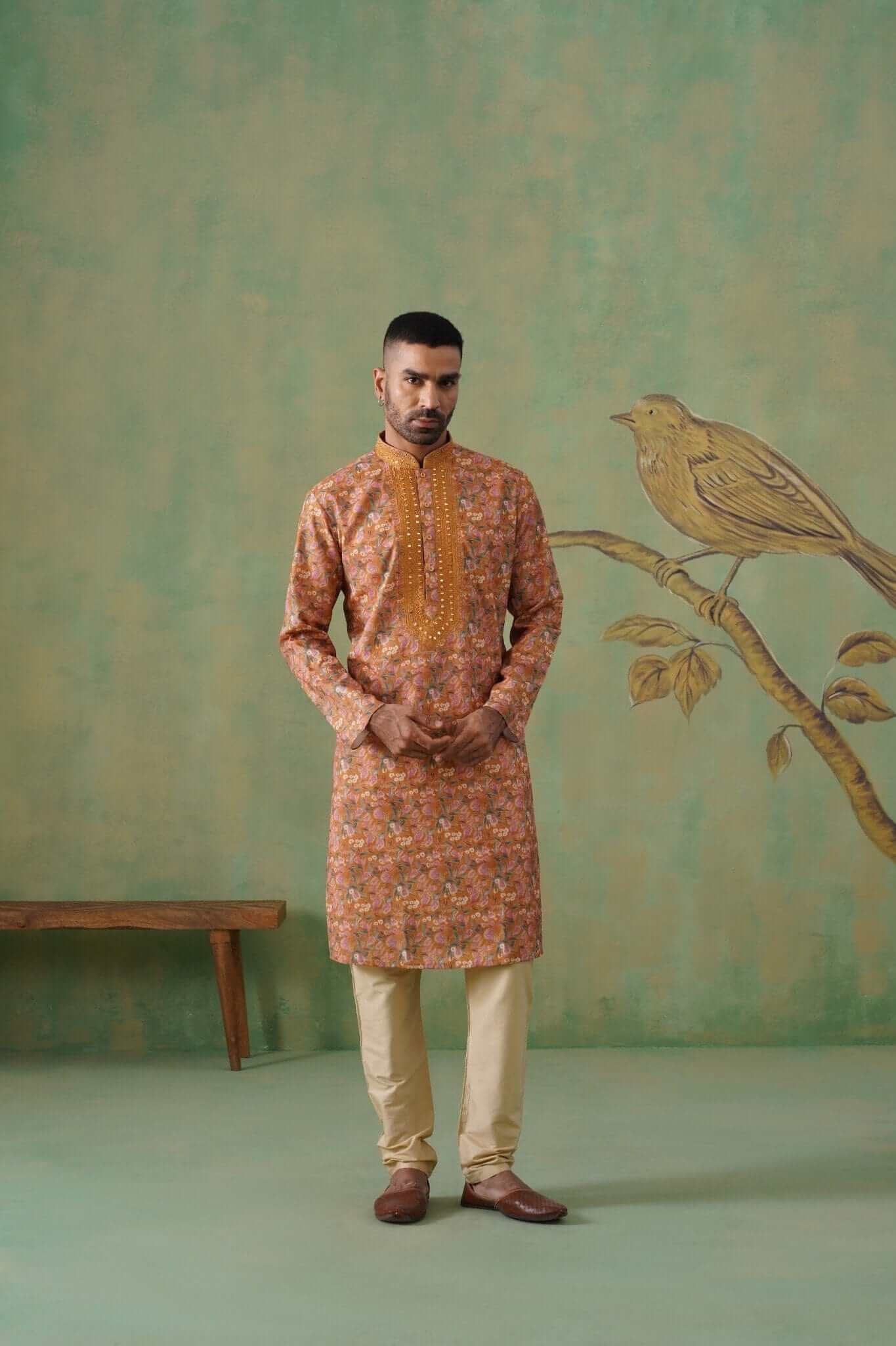 Rust Floral Printed Kurta Set with Mirror Embroidery