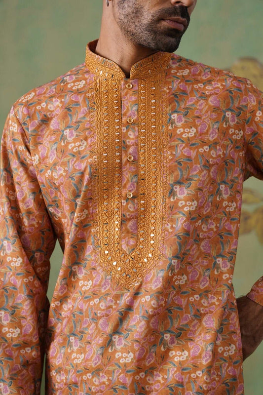 Rust Floral Printed Kurta Set with Mirror Embroidery