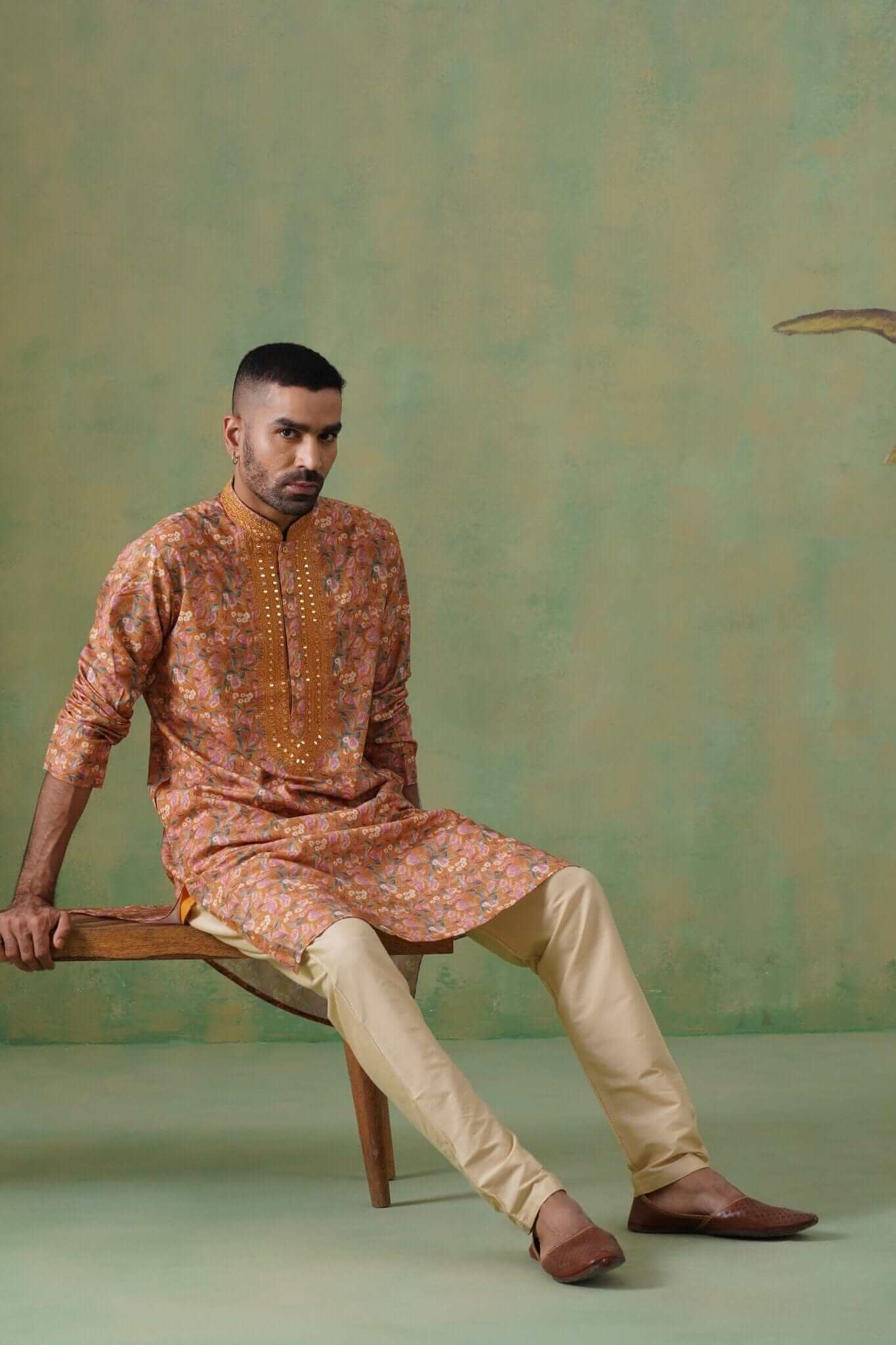 Rust Floral Printed Kurta Set with Mirror Embroidery