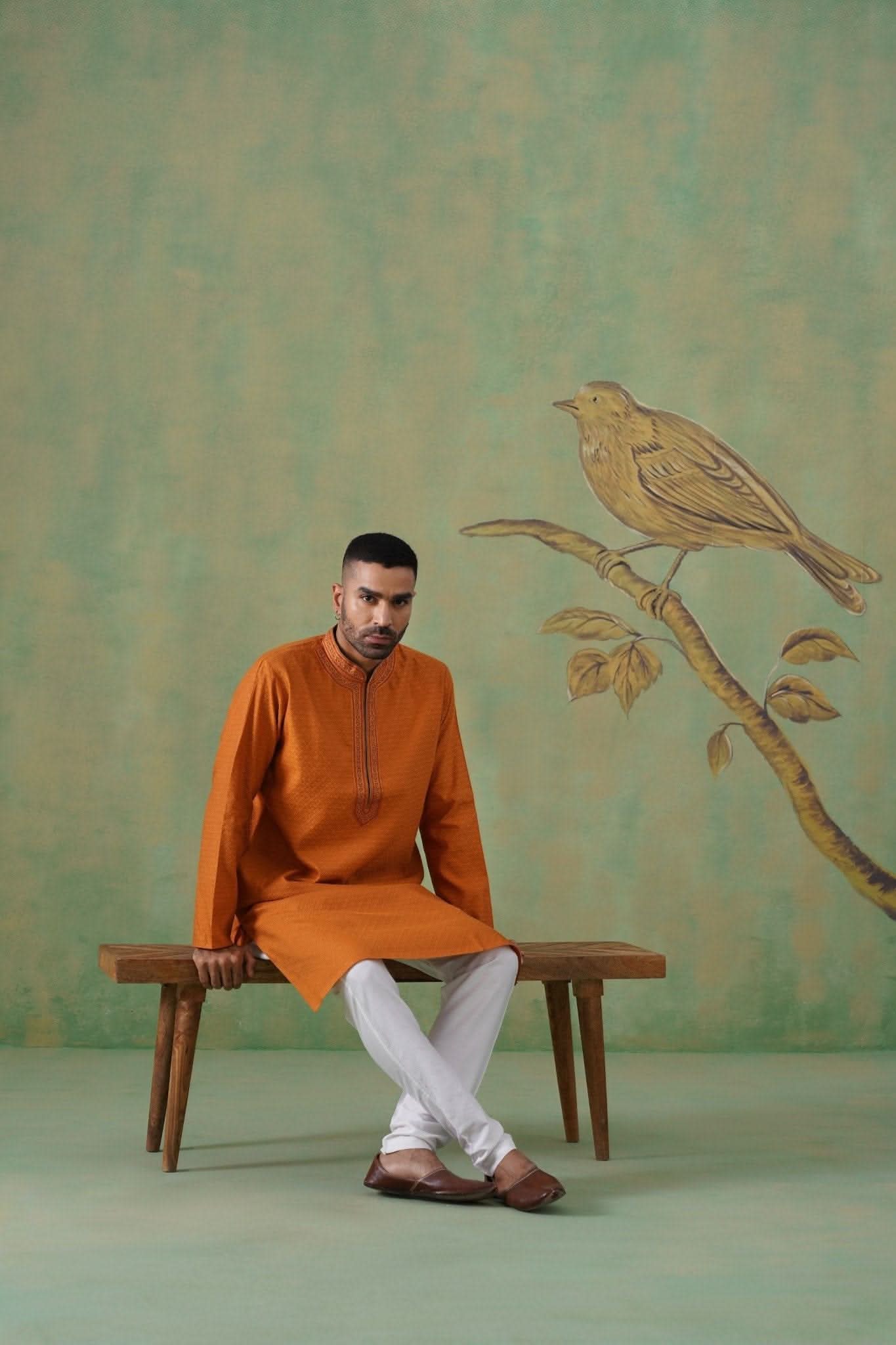 Rust Jacquard Hand Embroidered Kurta Set