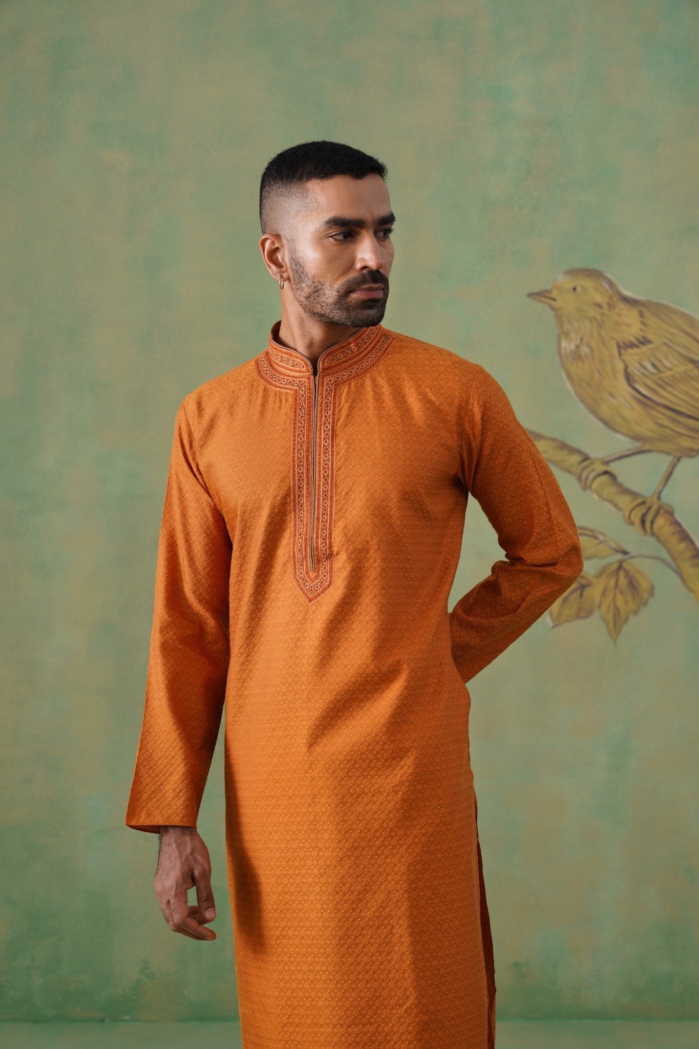 Rust Jacquard Hand Embroidered Kurta Set
