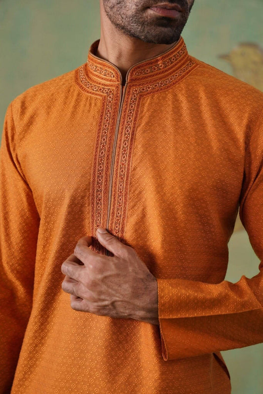 Rust Jacquard Hand Embroidered Kurta Set