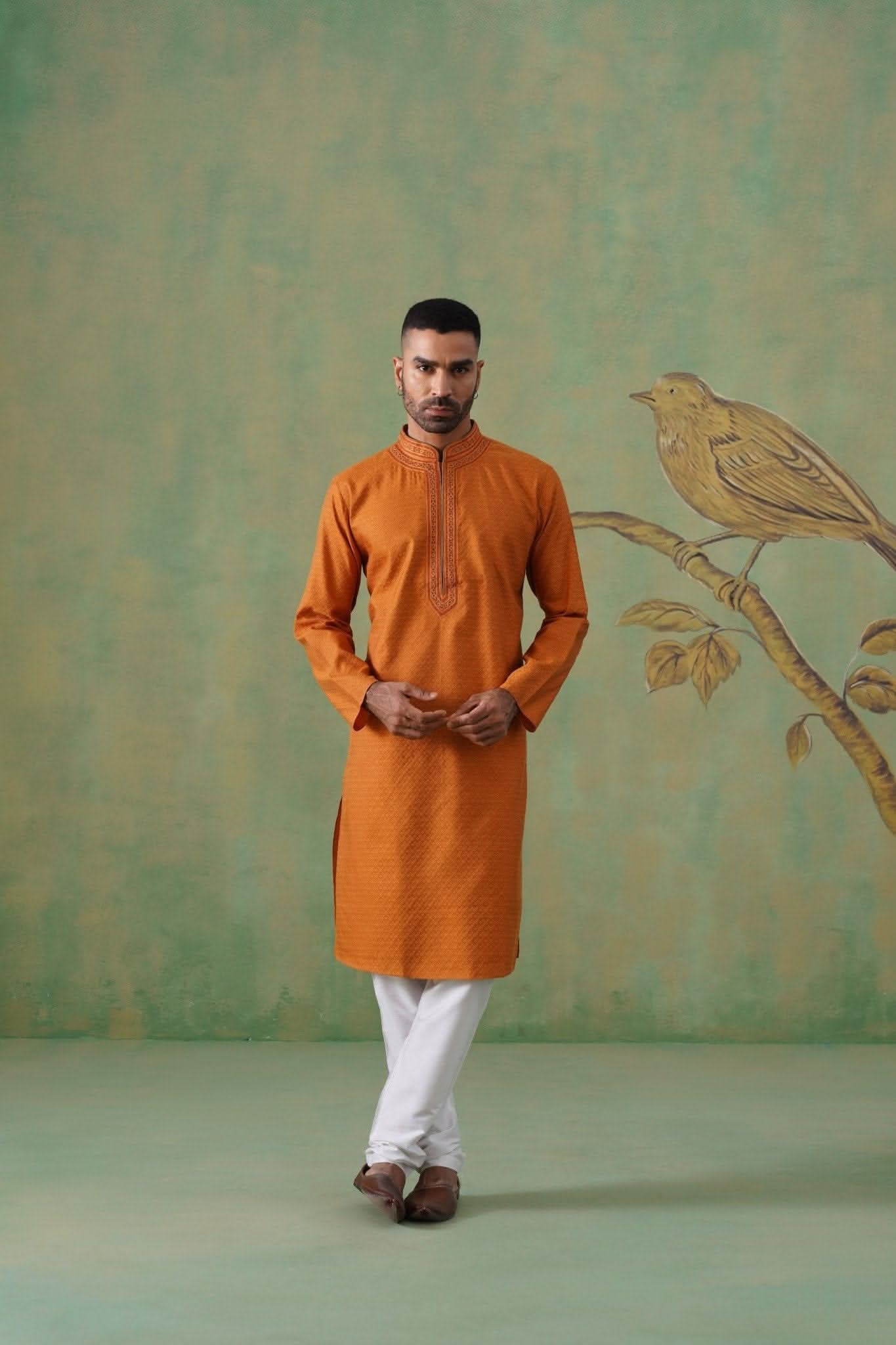Rust Jacquard Hand Embroidered Kurta Set